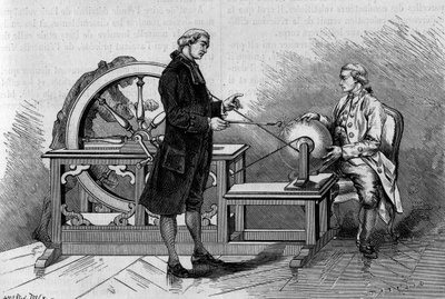 Fysiikkakokemus 1700-luvulta: sähkökoneen tuottama hehku. (Abbe Nolletilta). Kaiverrus "" La Nature: revue des sciences et de leurs applications aux arts et a l