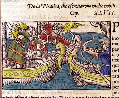 Merirosvoutta harjoittivat monet skandinaaviset jalo naiset. Kaiverrus "Historia de gentium septentrionalium" -kirjoituksesta, Olaus Magnus, Venetsia 1567. tekijältä Unknown artist