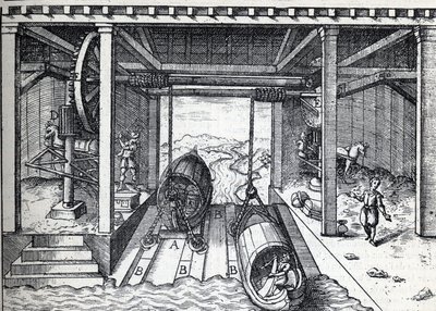 Suunnittele kaltevuus veneille 1500-luvulla Brentan (joen) laguuneille Pohjois-Italiassa. Kaiverrus "" La Nature"" tekijältä Unknown artist