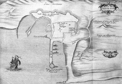 Rodoksen suunnitelma (Rodos) - kirjassa "" Kuninkaan käskyn tekemä matka de levant vuonna 1621", muokattu vuonna 1629 (Ludvig XIII Le Justen hallituskaudella) tekijältä Unknown artist
