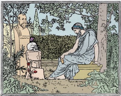 Platon mietiskelee kuolemattomuutta ennen Sokratesta, perhosta, kalloa ja unikkoa noin 400 eaa. - Platon mietiskeli kuolemattomuutta ennen Sokratesta, perhosta, kalloa ja unikkoa noin 400 eKr. kaiverrus 1800-luvusta tekijältä Unknown artist