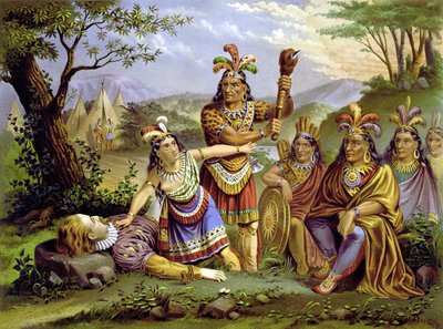 Pocahontas pelasti kapteeni John Smithin. Kromolitografia noin 1870. tekijältä Unknown artist