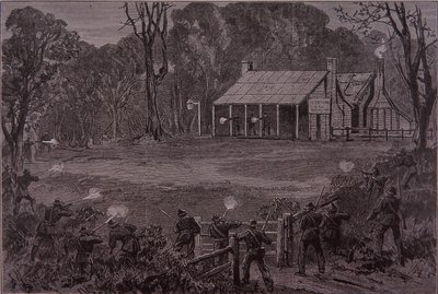 Poliisi avasi tulen Kelly Gangiin Glenrowan-hotellissa, 28. kesäkuuta 1880 (kaiverrus) tekijältä Unknown artist