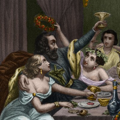 Paavi Aleksanteri VI (1431-1503) (Alessandro, Rodrigo Borgia) Rodrigue Borgia juhlii tyttärensä Lucrece Borgian (Lucrezia) häitä 50 kurtisaanin kanssa Vatikaanissa. Kaiverrus vuodelta 1842 kirjassa "Histoire des Popes: rikokset, murhat, myrkytykset, parric tekijältä Unknown artist