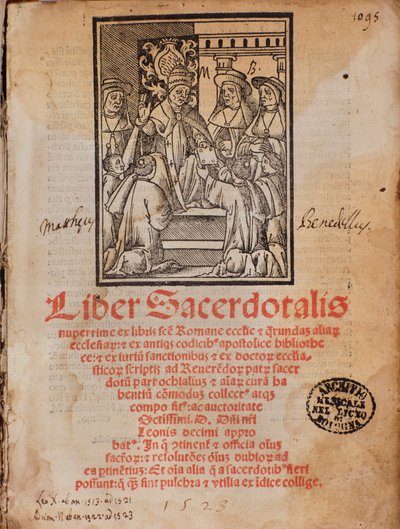 Paavi Leon X vastaanottaa Castellinin liturgiakirjan "Liber Sacerdotalis" kirjan Frontispice tekijältä Unknown artist