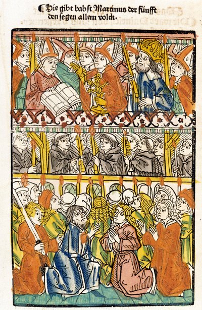 Paavi Martti V (1368 - 1431), joka valittiin Konstanzin kirkolliskokouksessa (1417) lopettamalla lännen suuren jakautumisen, suorittaa siunauksen. “Das concilium” tekijältä Unknown artist