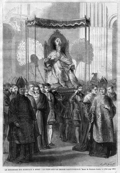 Paavi Pius IX (1835-1914) sedia gestatoriassa - Palmusunnuntai Roomassa: Paavi Pius IX (Pius Pio 9) raskaustuolissa - Gustave Janetin piirros - Kuvaava päiväkirja vuodelta 1868 tekijältä Unknown artist