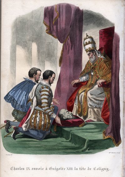 Paavi Gregorius XIII (1502-1585) vastaanottaa Pyhän Bartolomeuksen päivän joukkomurhassa vuonna 1572 murhatun Gaspard de Colignyn (1519-1572) pään lahjana Ranskan kuninkaalta Kaarle IX:ltä (1550-1574). tekijältä Unknown artist