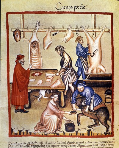 Sianlihan tuotanto. Sika teurastetaan ja teurastajat leikkaavat palat. Valaistus lääketieteen ja dietetiikan lypsystä "" Tacuinum sanitatis"" tekijältä Unknown artist