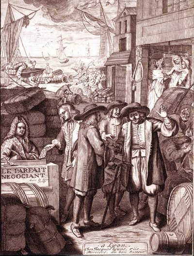 Satamakauppiaat puhuvat keskenään. 1800-luvun kaiverrus. tekijältä Unknown artist