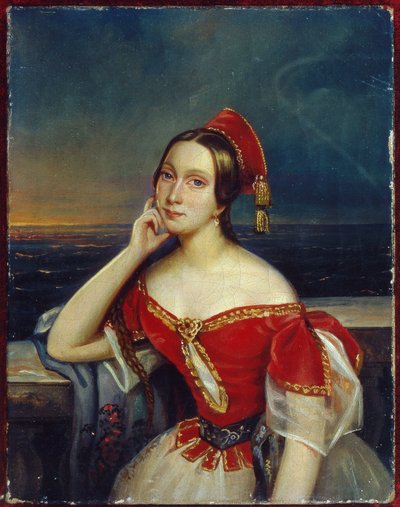 Balerina Marie Taglionin (1804-1884) muotokuva (Ballerina M. Taglionin muotokuva). Anonyymi maalaus, öljy kankaalle. 1800-luvun muotokuva, romantiikkaa. Valtion A. Bakhrushinin keskusmuseo, Moskova. tekijältä Unknown artist