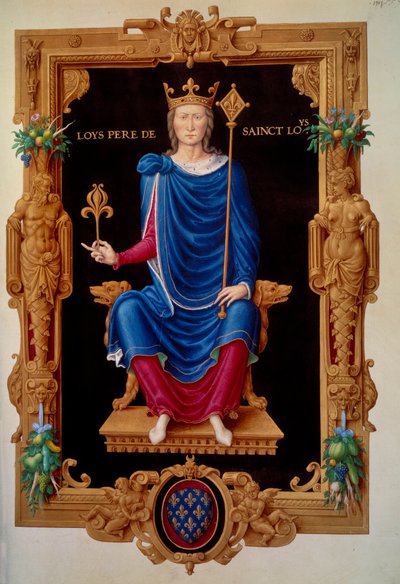Muotokuva Ranskan kuninkaan Ludvig VIII:n, leijonan (1187 - 1226) Saint Louisin isän jalassa. Miniatyyri Jean Tillet