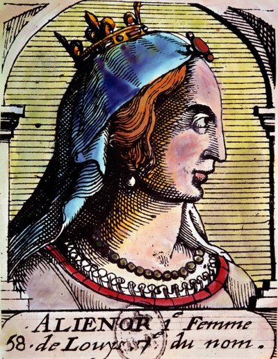 Alienor of Aquitaine (1122-1204) (kutsutaan myös Eleonore de Guyenne), Ranskan kuningattaren muotokuva. Kaiverrus. BN Pariisi tekijältä Unknown artist