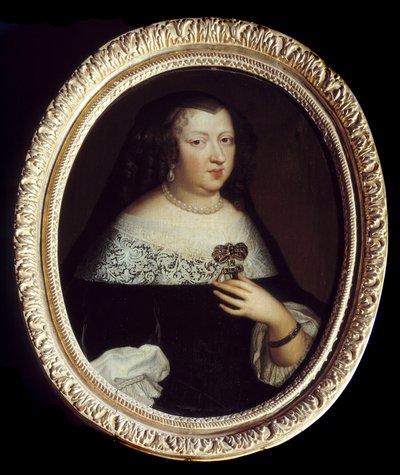 Ranskan kuningattaren Anne Itävallan (1601-1666) muotokuva. Hän käyttää helmiä jalokiviä, jalokivellä koristeltua ristinmuotoista riipusta ja rannekorua vasemman ranteen ympärillä. Anonyymi maalaus tekijältä Unknown artist