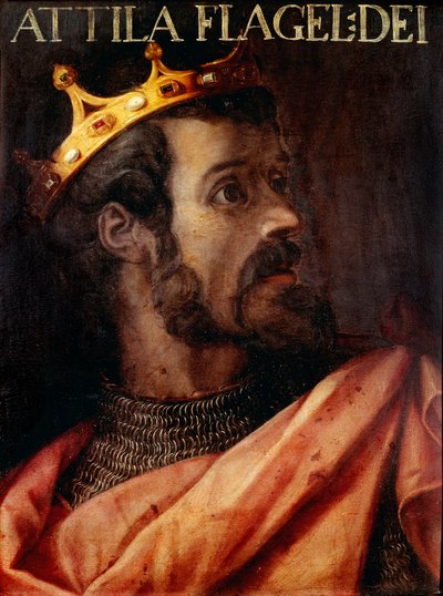 Hunien kuninkaan Attilan (395-453) muotokuva. Nimetön 1600-luvun maalaus "Gioviana Collection" -kokoelmasta Firenzen Uffizi-galleriassa. tekijältä Unknown artist