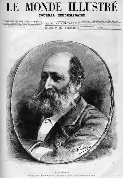 Auguste Clesingerin (1814-1883), ranskalaisen kuvanveistäjän ja taidemaalarin muotokuva. Kaiverrus "" Le Monde illustrious"" 1883. Yksityinen kokoelma. tekijältä Unknown artist
