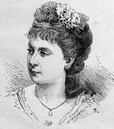 Blanche Berettan (Beretta) (s. 1855) muotokuva, ranskalainen koomikko, Comedie Francaisen jäsen vuosina 1875–1901. Kaiverrus 16. elokuuta 1879 ilmestyneeseen Le Monde Illustré -julkaisuun n¡1168. tekijältä Unknown artist