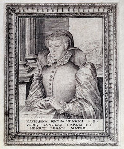Ranskan kuningattaren Katariina de Mediciksen (Caterina de Medici) (1519-1589) muotokuva. Kaiverrus 1500-luvulta. Pau, Musee du Chateau tekijältä Unknown artist