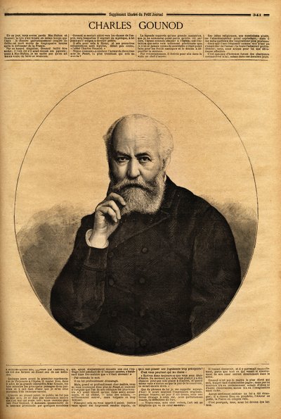 Muotokuva ranskalaisesta säveltäjästä Charles Gounodista (1818-1893), joka tunnetaan oopperoistaan (Faust 1859, Romeo ja Juliette 1867), hän sävelsi myös sinfoniaa ja lukuisia melodioita Alfred de Mussetin (1810-1857) runoihin ja Victor Hugo (1802-1885). E tekijältä Unknown artist