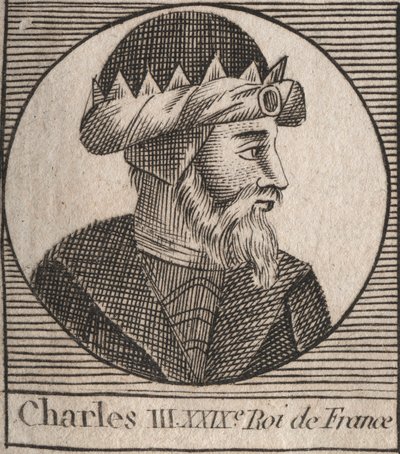 Kaarle III:n muotokuvassa lukee Yksinkertainen (879-929) frangien kuningas - KARLES III (879-929) - Kaarle Yksinkertainen - Ranskan kuningas, 893-923 - kaiverrus Charlesin "Instruction sur l