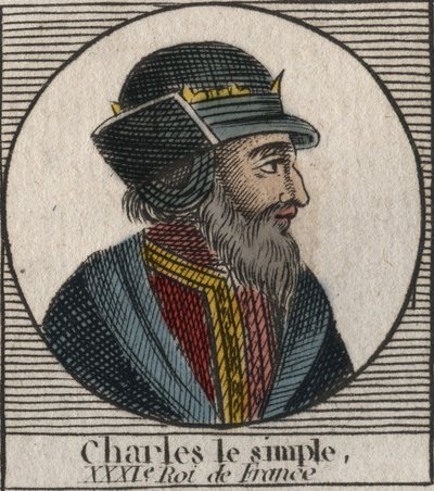 Kaarle III:n muotokuvassa lukee Yksinkertainen (879-929) frangien kuningas - KARLES III (879-929) - Kaarle Yksinkertainen - Ranskan kuningas, 893-923 - kaiverrus Charlesin "Instruction sur l