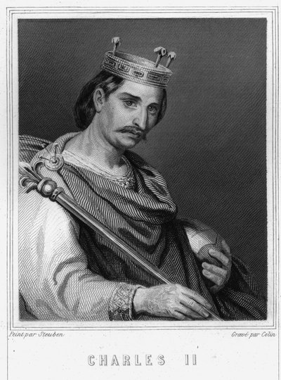 Kaarle II Kaljuun (823 - 877), Ranskan kuninkaan muotokuva - Lavalléen "Histoire des Français" -kirjassa, kaiverrus, sd. tekijältä Unknown artist
