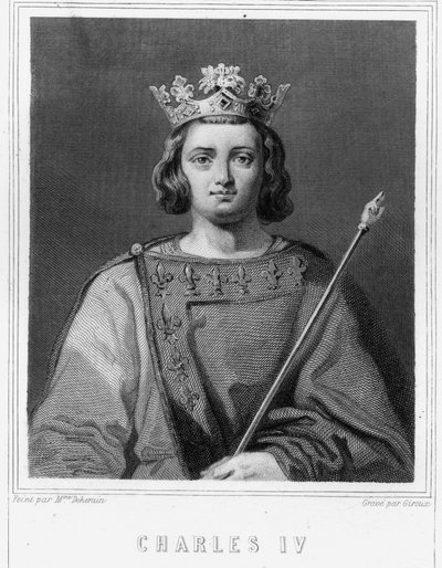 Muotokuva Kaarle IV Belistä (1294 - 1328), Ranskan kuningas - Lavalléen "Histoire des Français" -kirjassa, kaiverrus, sd. tekijältä Unknown artist
