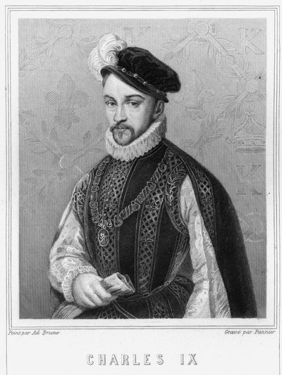 Kaarle IX:n (1550 - 1574), Ranskan kuninkaan muotokuva - Lavalléen "Histoire des Français" -kirjassa, kaiverrus, sd. tekijältä Unknown artist