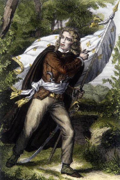 Muotokuva keittiömestari Chouan Jacques Cathelineausta (1759-1793) kantamassa lippua liljankukilla tekijältä Unknown artist