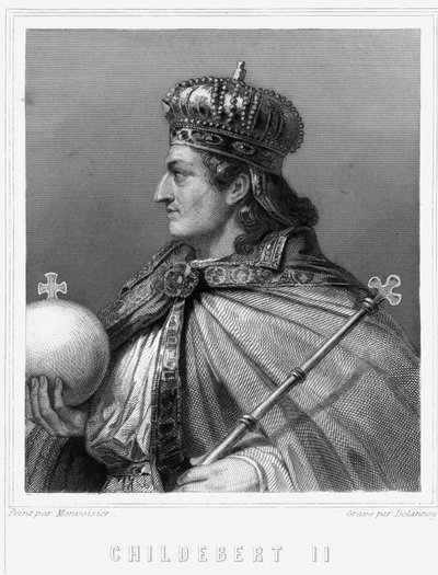 Muotokuva Childebert II:sta (v. 570 - 596), Austraasian kuninkaasta - Lavalléen "Histoire des Français" -kirjassa, kaiverrus, sd. tekijältä Unknown artist
