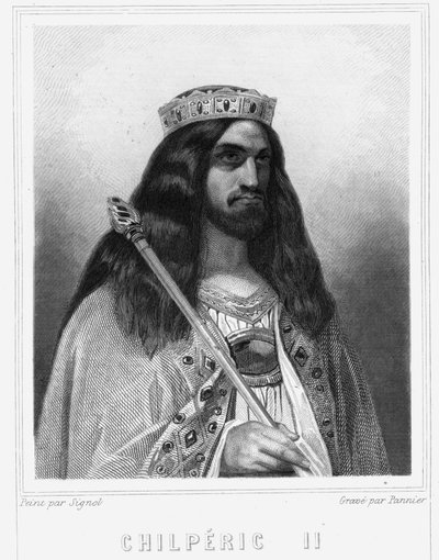 Neutrian kuninkaan Childeric III (v. 670 - 721) muotokuva - Lavalleen "Histoire des Francais" -kirjassa, kaiverrus, sd. tekijältä Unknown artist