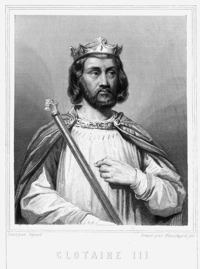 Clotaire (Clothaire) III (652 - 673), Neutrian ja Burgundin kuninkaan muotokuva - Lavalléen "Histoire des Français" -kirjassa, kaiverrus, sd. tekijältä Unknown artist