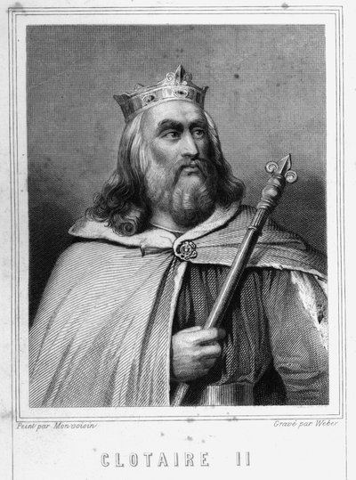 Clotaire (Clothaire) II:n (584 - 628), Neutrian kuninkaan ja frangien kuninkaan muotokuva - Lavalléen "Histoire des Français" -kirjassa, kaiverrus, sd. tekijältä Unknown artist