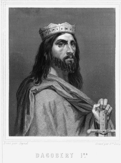 Muotokuva Dagobert I:stä (? -?) frangien kuninkaasta - Lavalléen "" Histoire des Français" -kirjassa, kaiverrus, sd. tekijältä Unknown artist