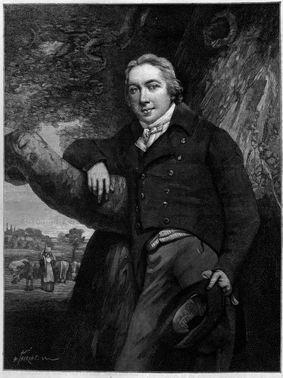 Muotokuva Edward Jenneristä (1749-1823), englantilainen lääkäri ja luonnontieteilijä, isorokkorokotteen keksijä. Kauden kaiverruksesta. Kaiverrus "" La Nature: revue des sciences et de leurs applications aux arts et a l
