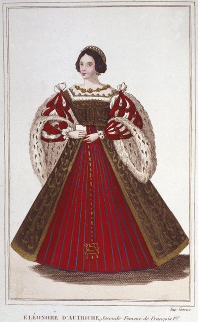 Habsburgin (tai Itävallan) Eleonoren muotokuva (1498-1558). Itävallan arkkiherttuatar, Portugalin kuningatar ja sitten Ranskan kuningatar, Francois I:n toinen vaimo, kaiverrus vuodelta 1830 tekijältä Unknown artist