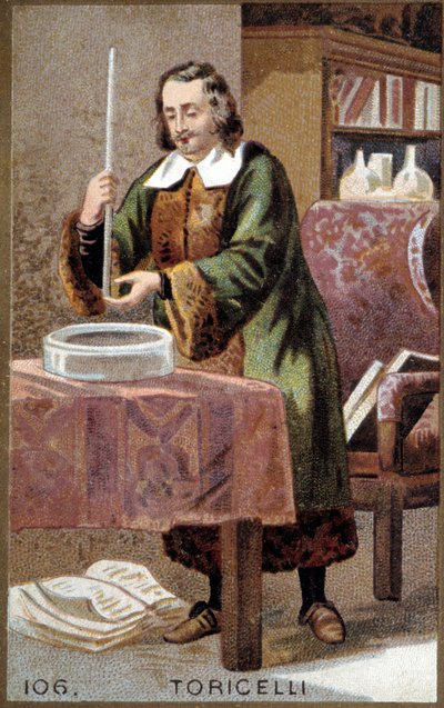 Italian fyysikon Evangelista Torricellin tai Toricellin (1608-1647) muotokuva hänen keksinnöllään: Barometri (elohopeaputki). tekijältä Unknown artist
