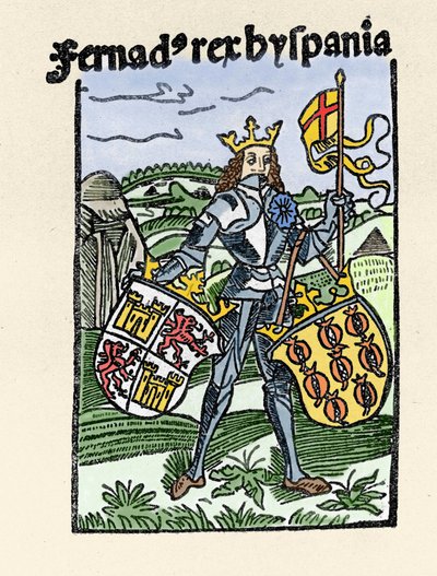 Muotokuva Ferdinand I:stä Aragoniasta Vanhurskasta (1380-1416) Espanjan kuninkaasta. Kaiverrus kirjasta "" De insulis in mare Indico super inventis", Bale 1493-1494 (Latinalainen käännös Kolumbuksen raportista Espanjan kuninkaalle). tekijältä Unknown artist