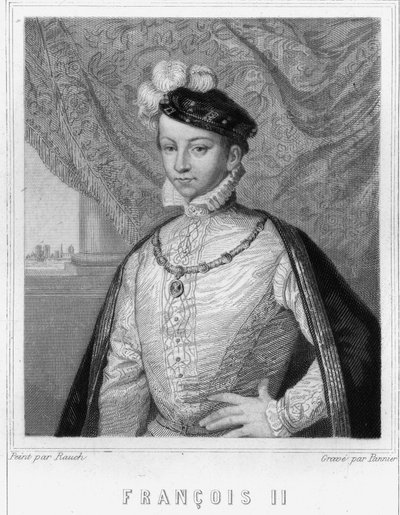 Ranskan kuninkaan Francois II:n (1544 - 1560) muotokuva - Lavalléen "Histoire des Français" -kirjassa, kaiverrus, sd. tekijältä Unknown artist
