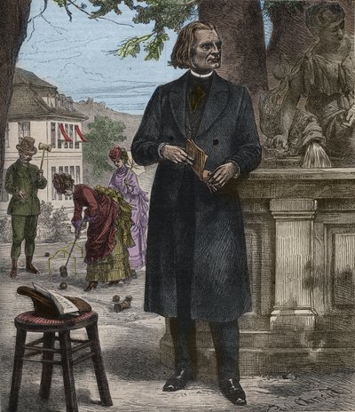Franz Lisztin (1811-1886), unkarilaisen säveltäjän, pianistin ja kapellimestari (Franz Liszt, unkarilainen säveltäjä, pianisti ja kapellimestari) muotokuva kaiverruksella "" Popular Music""" maineikkaassa viikkolehdessä - 1882 tekijältä Unknown artist