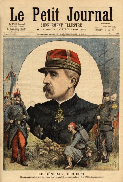 Kenraali Jacques Charles Duchesnen (1837-1918), Madagaskarille lähetetyn asevoimien komentajan muotokuva vuonna 1894, hän otti Tananariven. Kaiverrus "" Le petit Journal" -lehdessä 12.3.1894. Selvan kokoelma. tekijältä Unknown artist