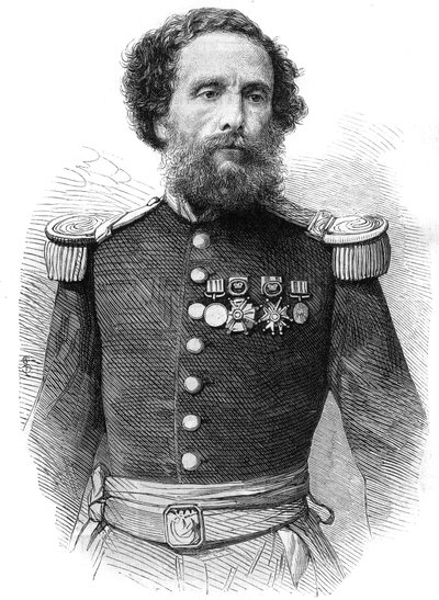 Perun tasavallan presidentin kenraali Juan Antonio Pezetin (1809-1879) muotokuva. Kaiverrus "Maailmankaikkeudessa" tekijältä Unknown artist