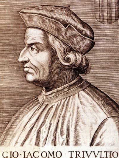 Giangiacomo Trivulzion (marsalkka Trivulcen) Marquis de Vigevanon muotokuva ranskaksi Trivulce. Ranskan marsalkka (1448-1518). Kaiverrus 1600-luvulta tekijältä Unknown artist