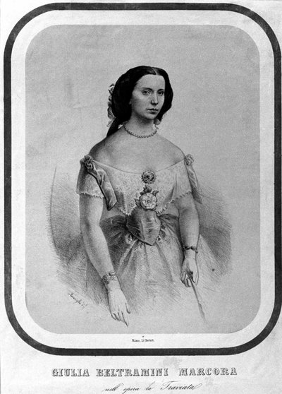 Giulia Beltramini Marcoran muotokuva Giuseppe Verdin "La traviatassa". Litografia 1800-luvun lopulta. tekijältä Unknown artist