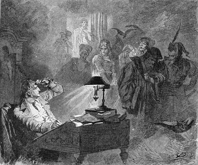 Goethen muotokuva Faust-hahmojen ympäröimänä Kaiverrus tekijältä Unknown artist