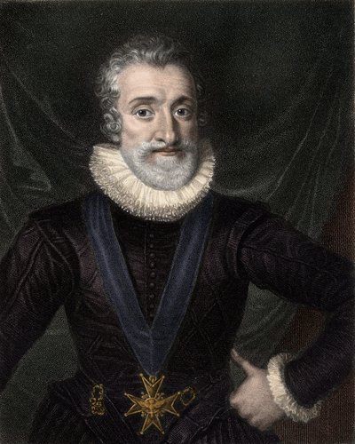 Henry IV:n (1553-1610) muotokuva Ranskan kuninkaan kaulakorulla Pyhän Hengen ritarikunnan (Pyhän Hengen ritarikunnan) - Henrik IV:n (Navarran tai Bourbonin Henrik) (1553-1610) kaulakoru, jossa Pyhän Hengen ritarikunnan arvomerkki - kaiverrus tekijältä Unknown artist