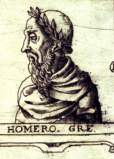 Homeroksen muotokuva (9. vuosisata eKr.). Kaiverrus vuodelta 1560 Urbano Monten atlasista tekijältä Unknown artist