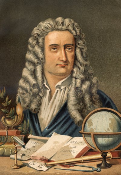 Muotokuva Isaac Newtonista (1642-1727), englantilainen matemaatikko, fyysikko ja tähtitieteilijä. Louis Figuierin "Science and its Men" -kappaleesta. Barcelona 1881 tekijältä Unknown artist