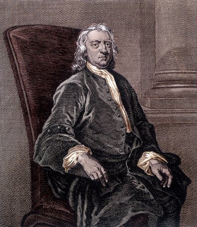 Muotokuva Isaac Newtonista istumassa nojatuolissa - Kaiverrus tekijältä Unknown artist