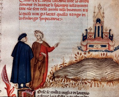 Muotokuva italialaisesta runoilijasta Dante Alighieristä ja Vergilius katsomassa Henrik VII:n valtaistuinta (laulu 20 Paratiisista jumalallisessa komediassa) - Miniatyyri tekijältä Unknown artist